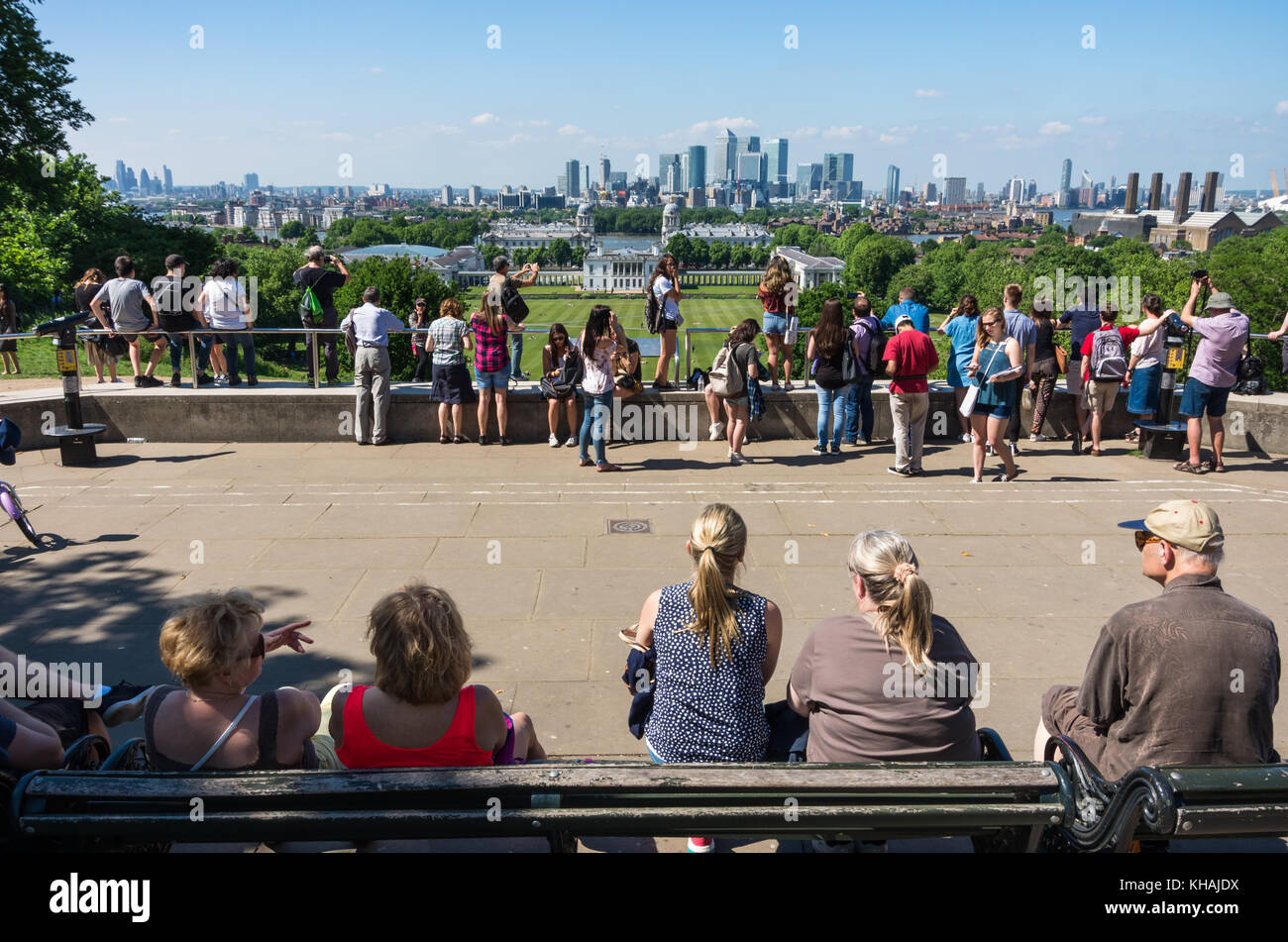 View of Queens House and Canary Wharf from Greenwich Park Stock Photo
