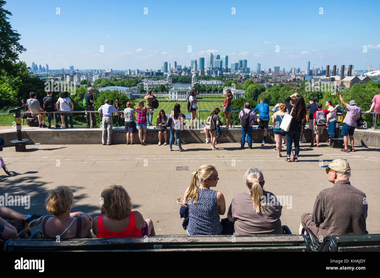 View of Queens House and Canary Wharf from Greenwich Park Stock Photo