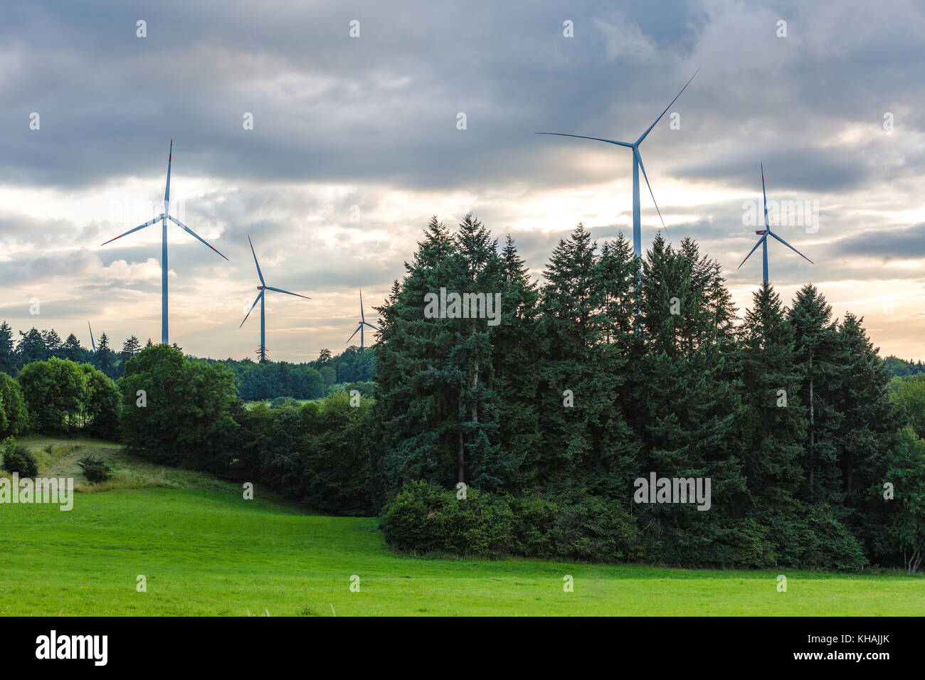 Wind Park with clouds in Mittelhessen, Germany Stock Photo