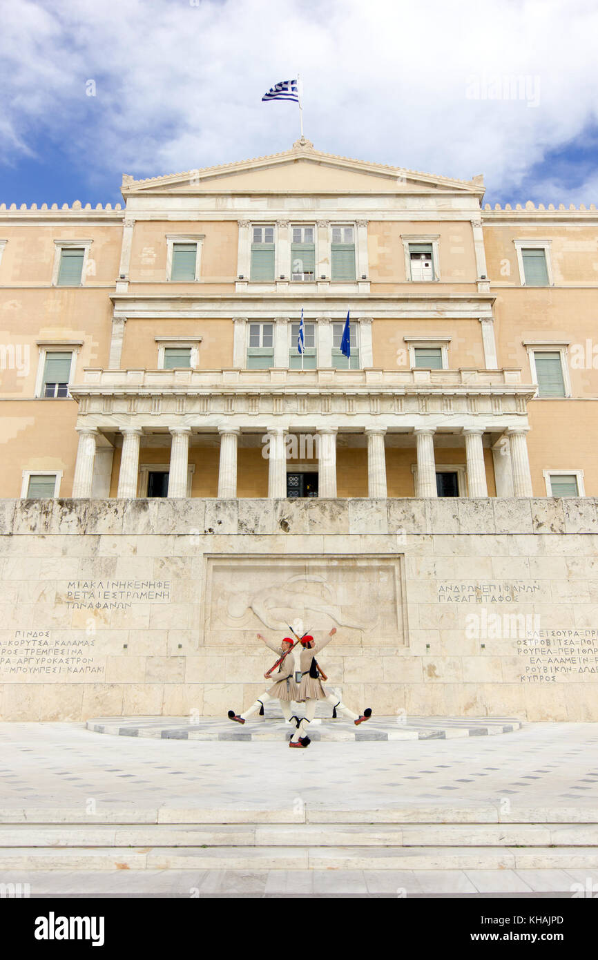 The Greek Presidential guard called Tsoliades dressed in traditional uniform at the monument of the unknown soldier in front of the Greek  parliament, Stock Photo