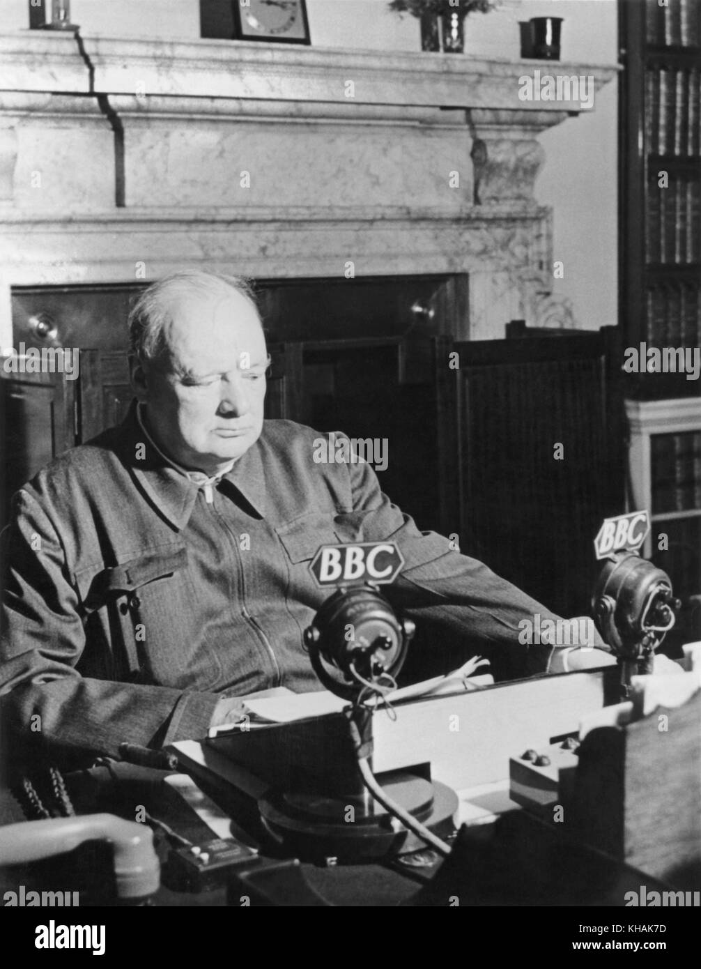 WInston Churchill, Prime Minister of Great Britain, broadcasting from the BBC to Europe in June of 1942. Stock Photo