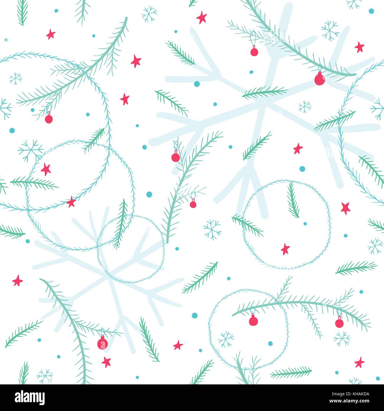 Seamless Christmas pattern with decorated conifer branches, stars and snowflakes Stock Vector