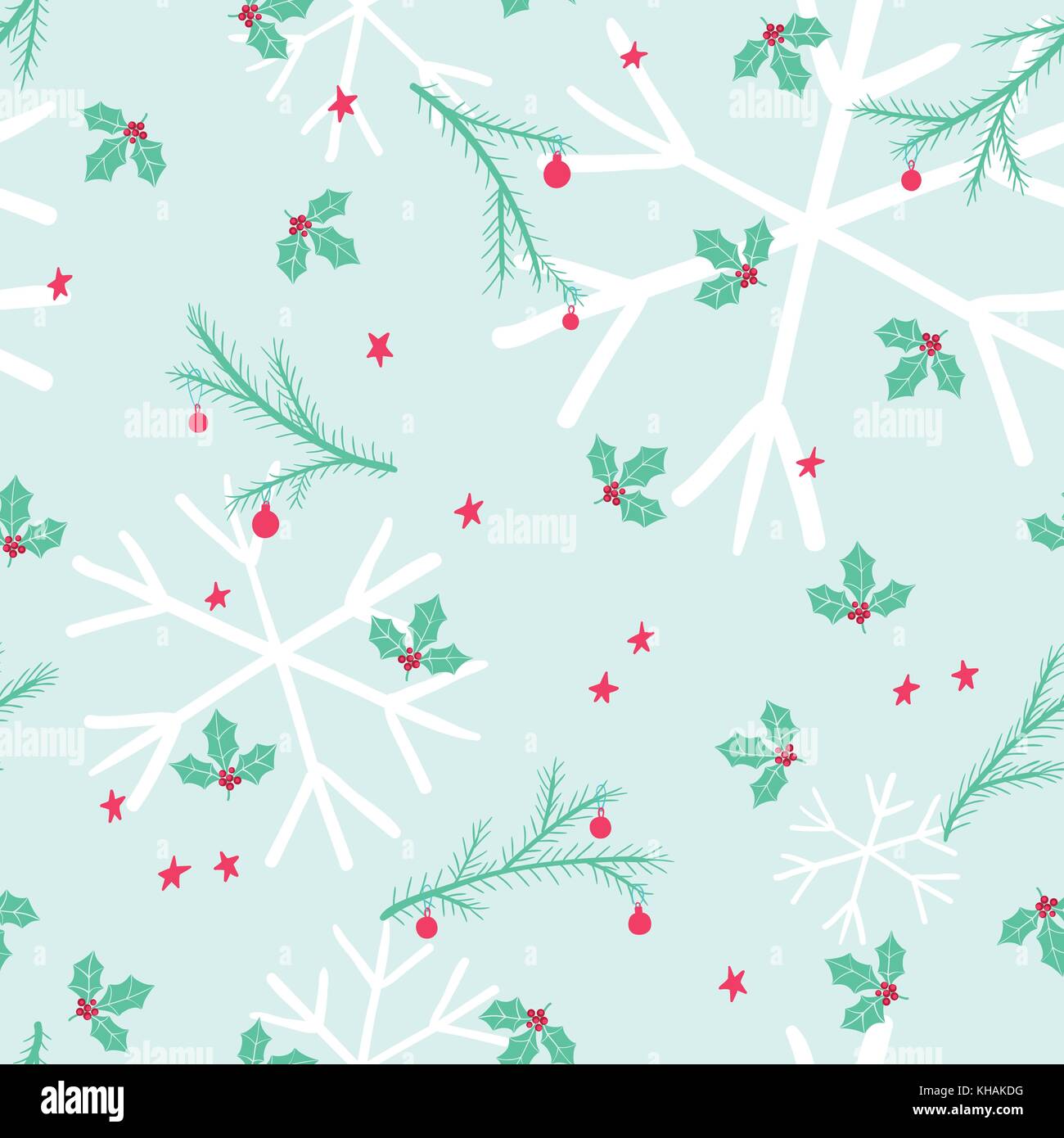 Christmas seamless pattern with holly and decorated conifer branches ...