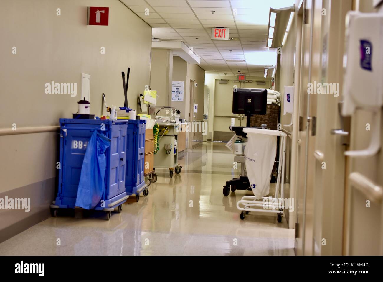 Hospital hallway with cleaning supplies Stock Photo