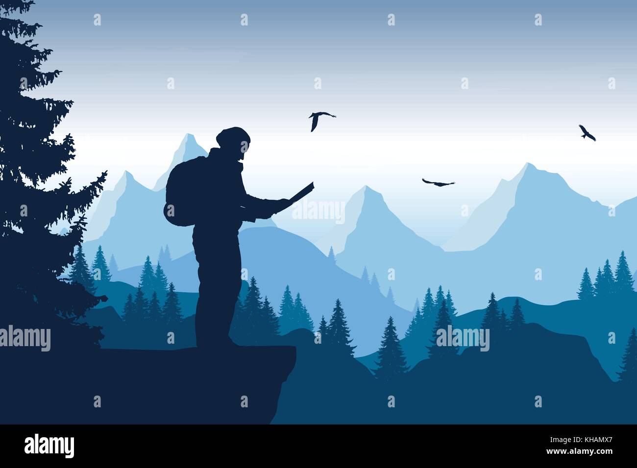 Vector illustration of a mountain landscape with a forest and flying ...