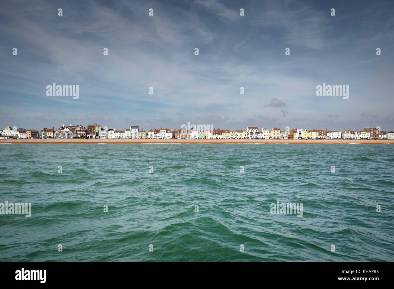 Deal beach, Deal, Kent, UK taken from a boat on the English Channel. The sea was green and the distinctive buildings and houses are visible. Stock Photo