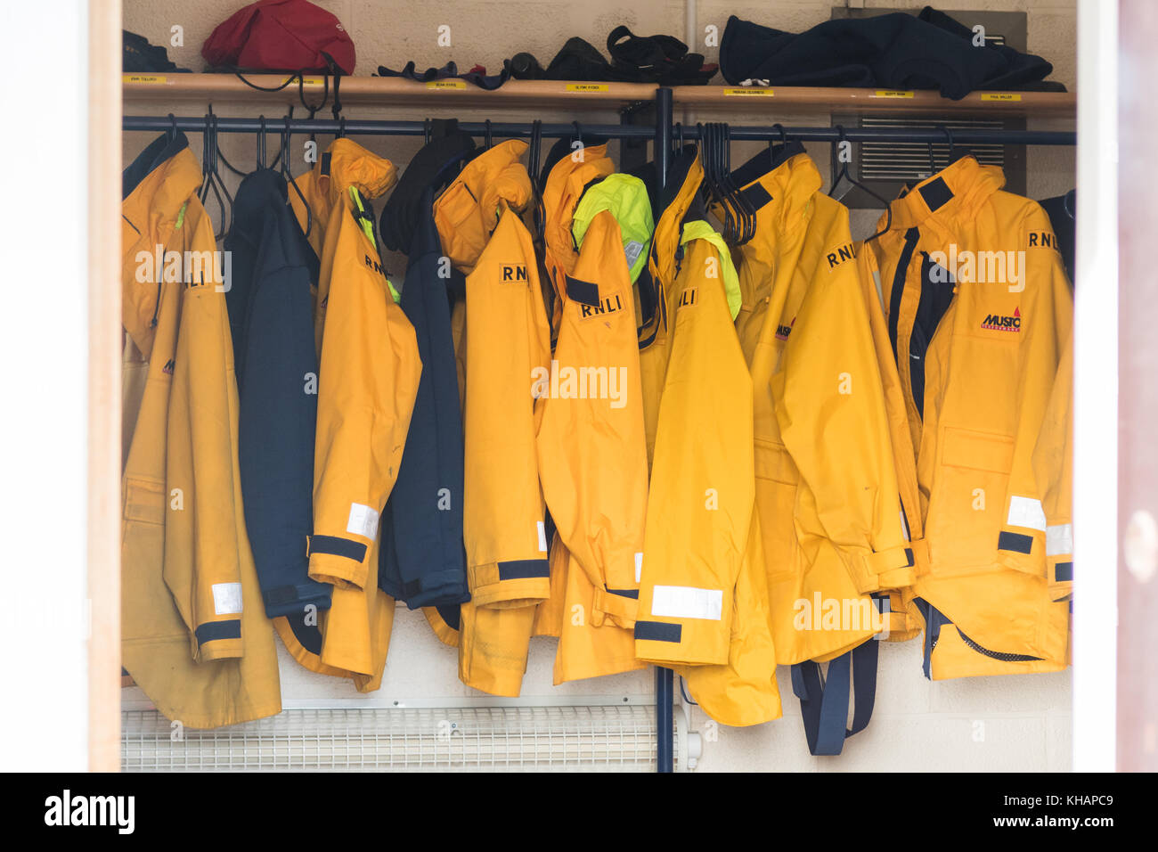 Lifeboat crew all weather jackets and protective equipment, Kirkwall, Scotland, UK Stock Photo