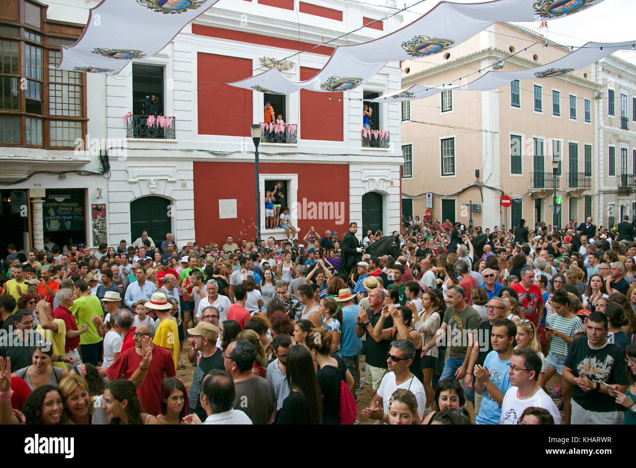 Celebrating crowd  finale Mare de Deu de Gràcia festival Constituion Place Mao Menorca Spain Stock Photo