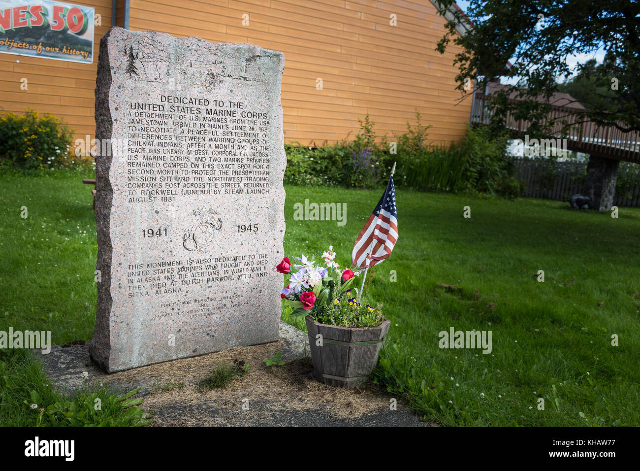 Haines, Alaska, USA - July 29th, 2017: Monument dedicated to the Marine corps who arrived in Haines in 1881 and also the Marines who died in Alaska in Stock Photo
