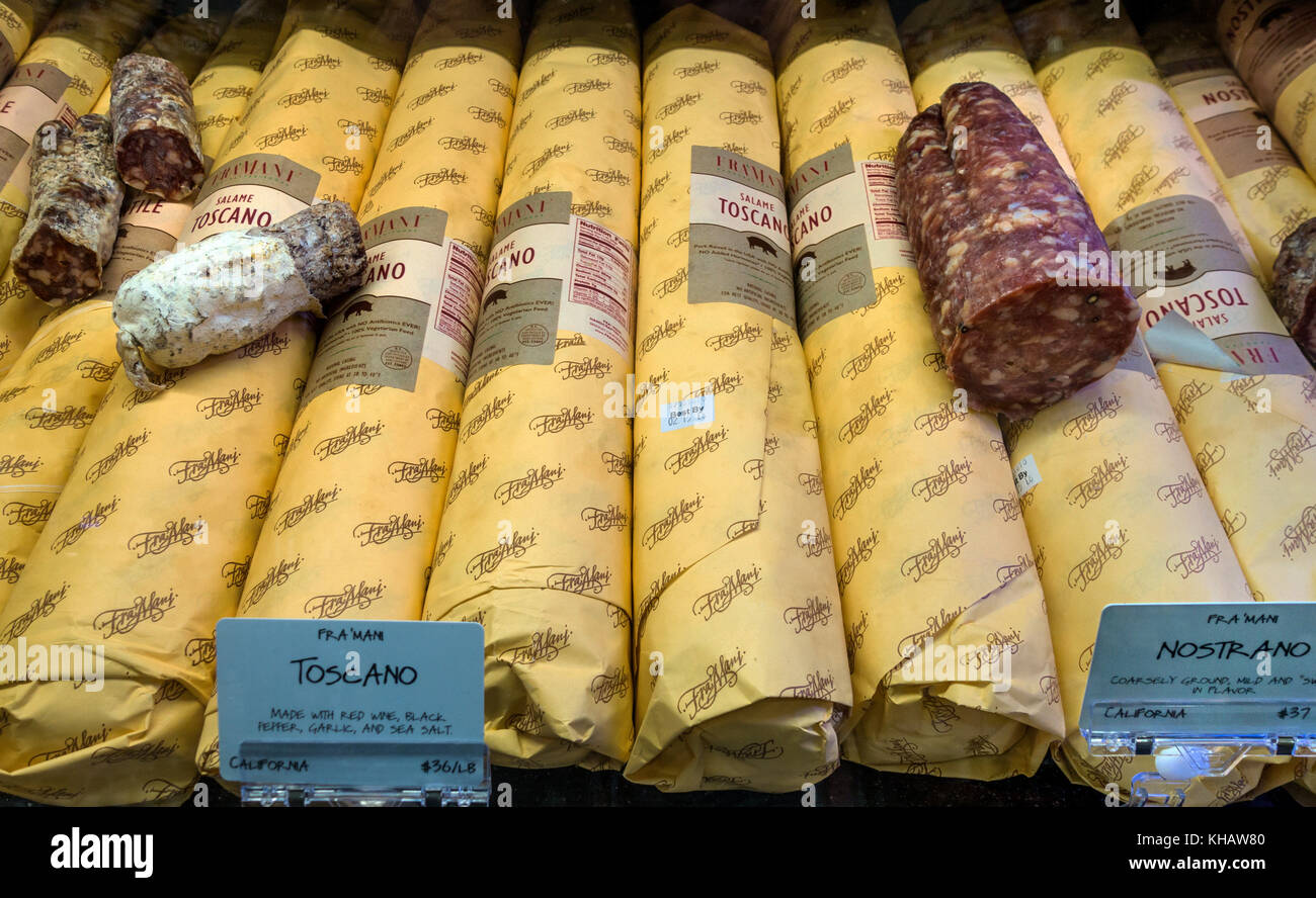 Toscano sausage wrapped and ready for sale at Dead & DeLuca in SoHo, New York City Stock Photo
