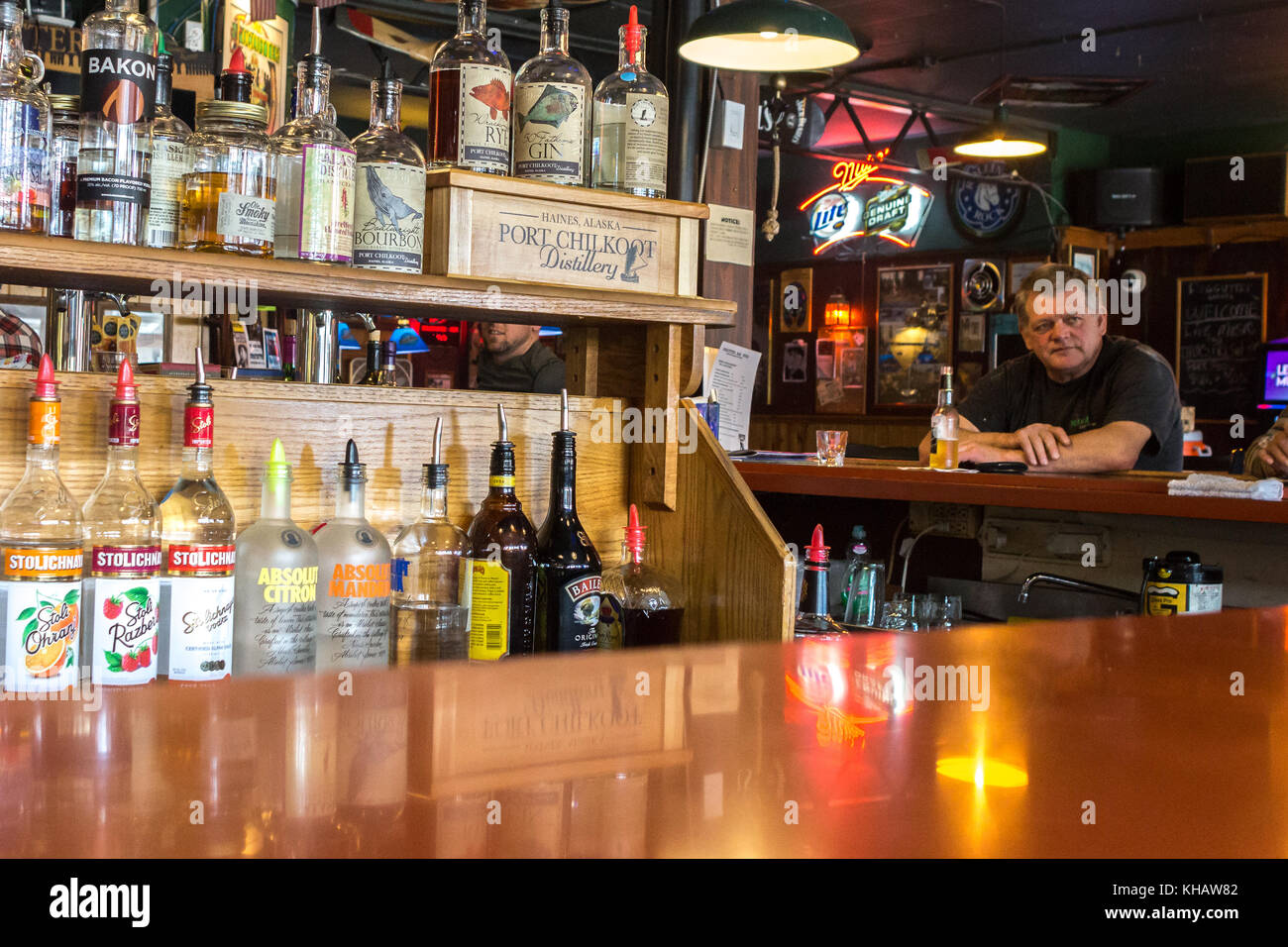 Haines, Alaska, USA July 29th, 2017 An american man having a beer