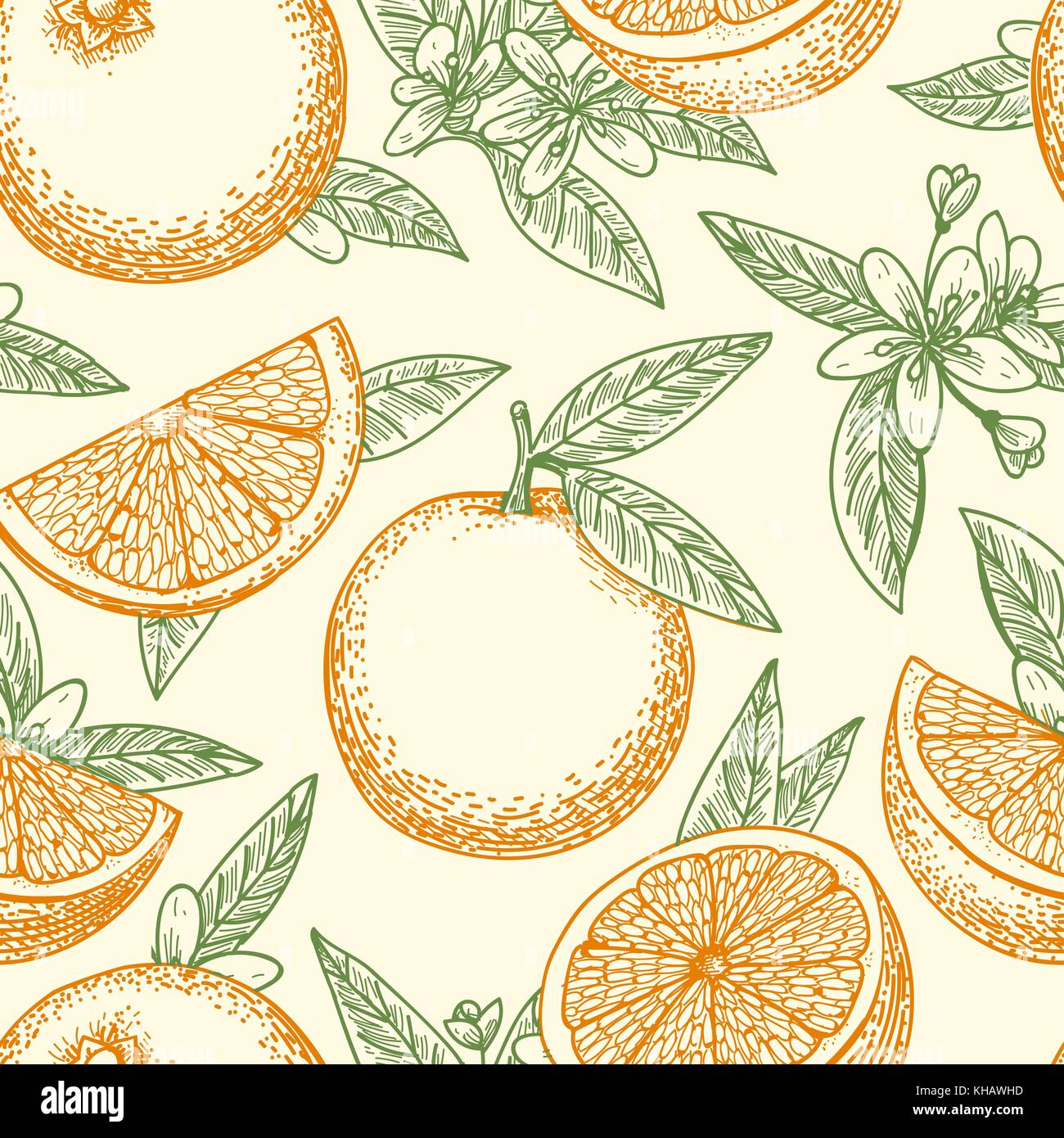 Orange fruit hand drawn pattern. Yellow oranges, green leaves and flowers seamless background pattern vector drawing Stock Vector