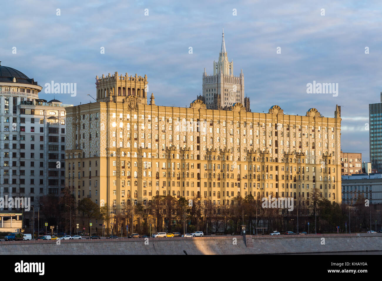 Moscow, Russia -November 2. 2017. House of Stalinist architecture in Empire style on Smolenskaya embankment Stock Photo