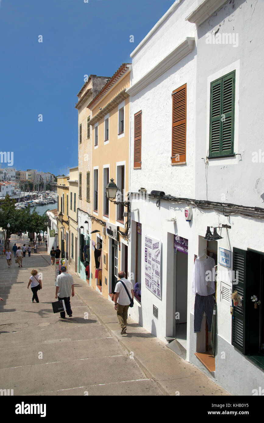 Pedesrian street and port Ciutadella Menorca Spain Stock Photo