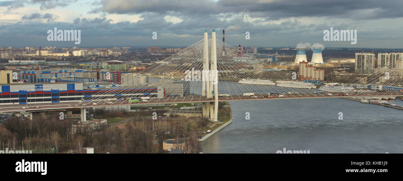 St. Petersburg  Russia  November 14, 2017 Great Obukhov Bridge in St. Petersburg, panorama  aerial view Stock Photo