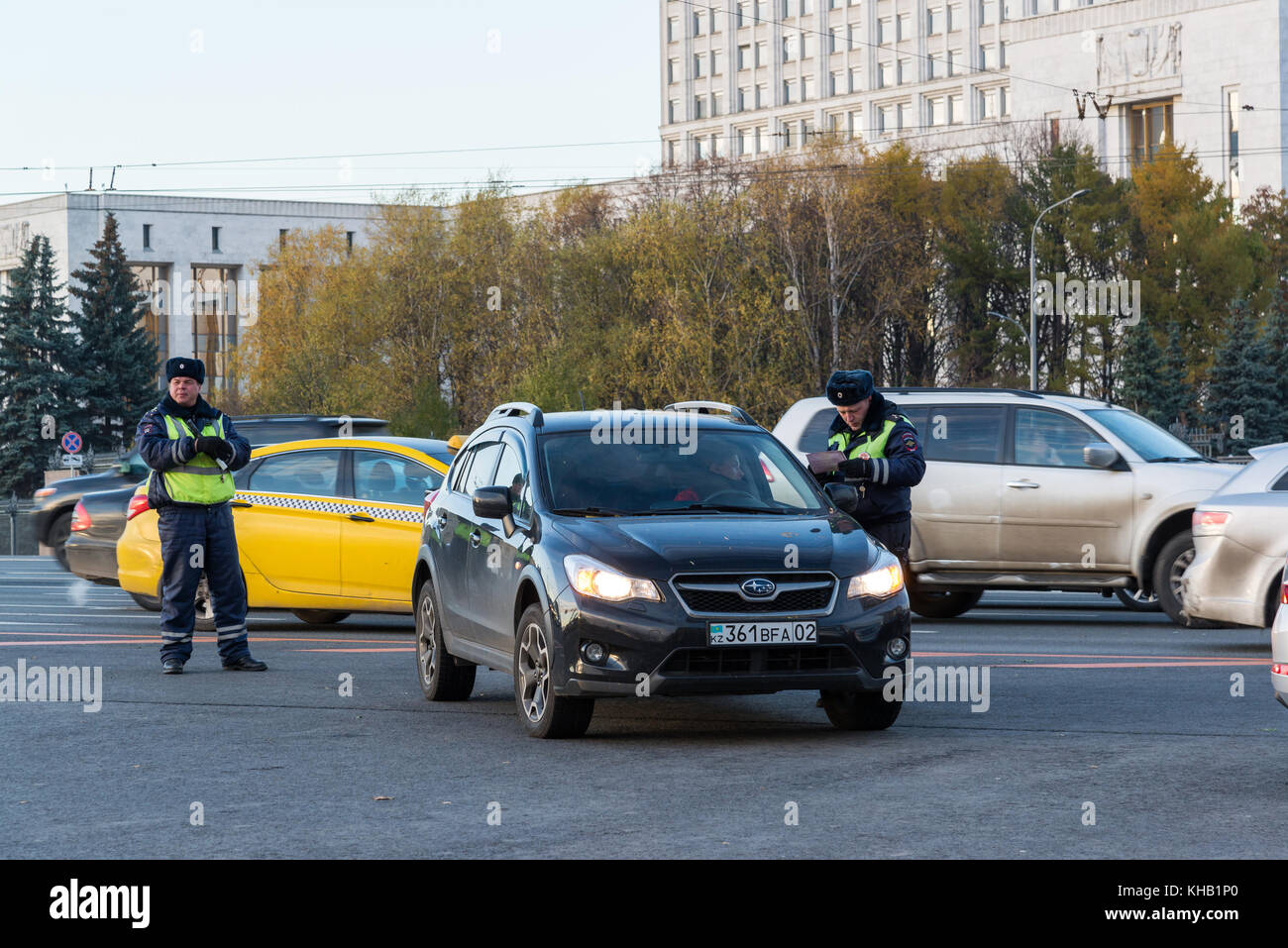 Moscow, Russia -November 2. 2017. Employees of State Traffic Safety Inspectorate check documents from Kazakhstan driver Stock Photo