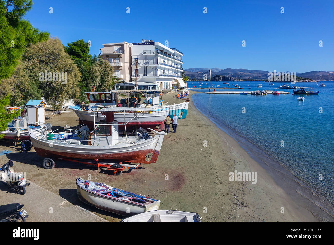 Boats, beaches and holels, Tolo, Peleponnese, Greece Stock Photo