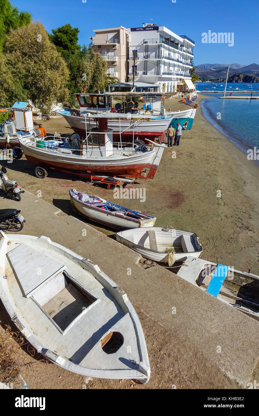 Boats, beaches and holels, Tolo, Peleponnese, Greece Stock Photo