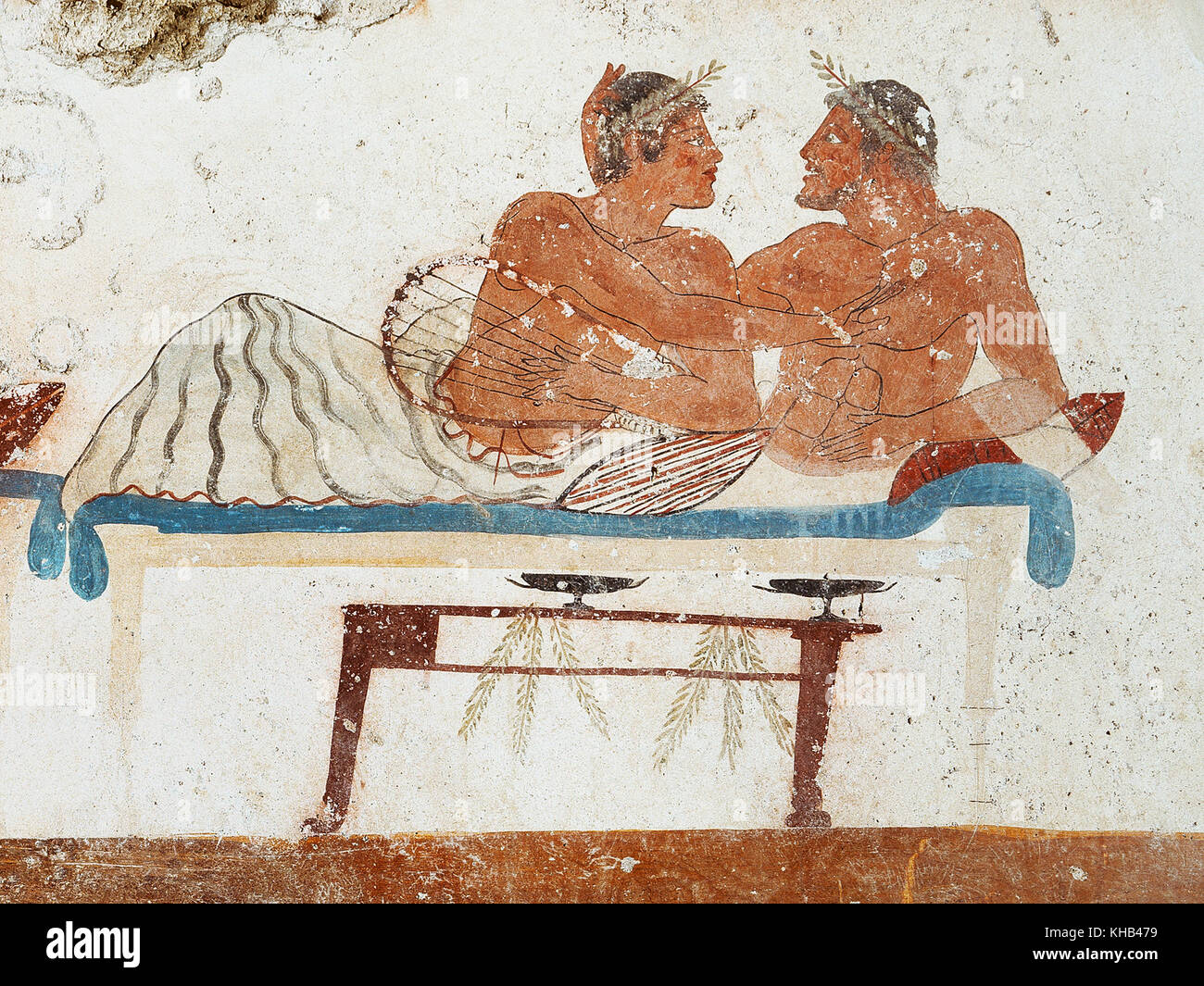 Symposium on the north wall. Paestum. Magna Graecia. Southern Italy. Ancient Greek. 5th century BC. National Museum of Paestum. Stock Photo