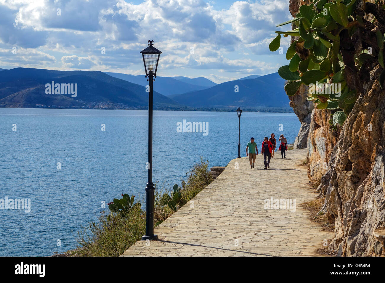 Seaside promenade, walkway, Nafpio, Peleponnese, Greece Stock Photo