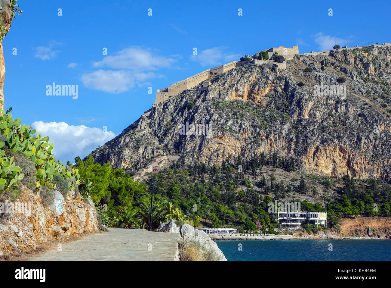 Seaside promenade, walkway, Nafpio, Peleponnese, Greece Stock Photo
