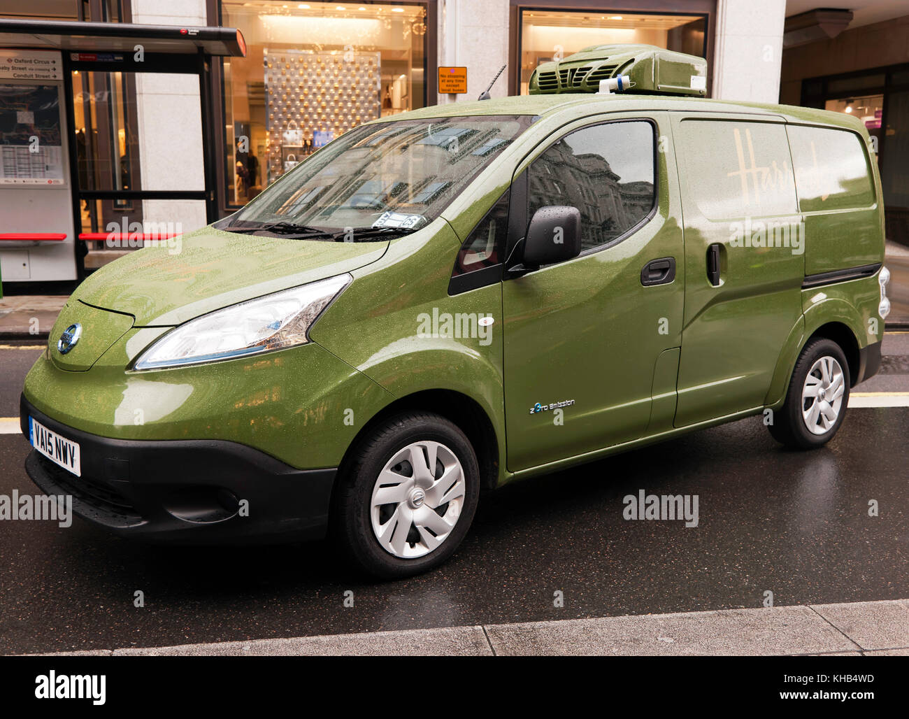 Three-quarter  front view of a  Harrods, Nissan e-NV200 electric delivery van on display  during the Regents Street Motor Show 2017 Stock Photo