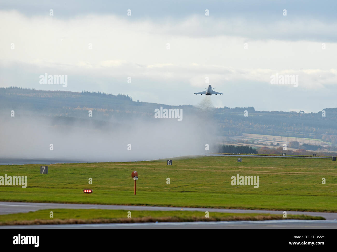 The UKs Eurofighter Typhoon a twin engined Canard-delta Wing fast jet fighter some of which are based at RAF lLossiemoputh in NE Scotland. Stock Photo