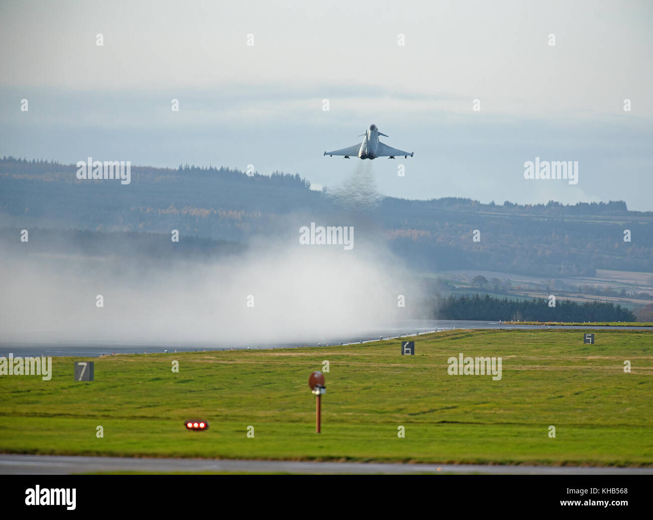 The UKs Eurofighter Typhoon a twin engined Canard-delta Wing fast jet fighter some of which are based at RAF lLossiemoputh in NE Scotland. Stock Photo