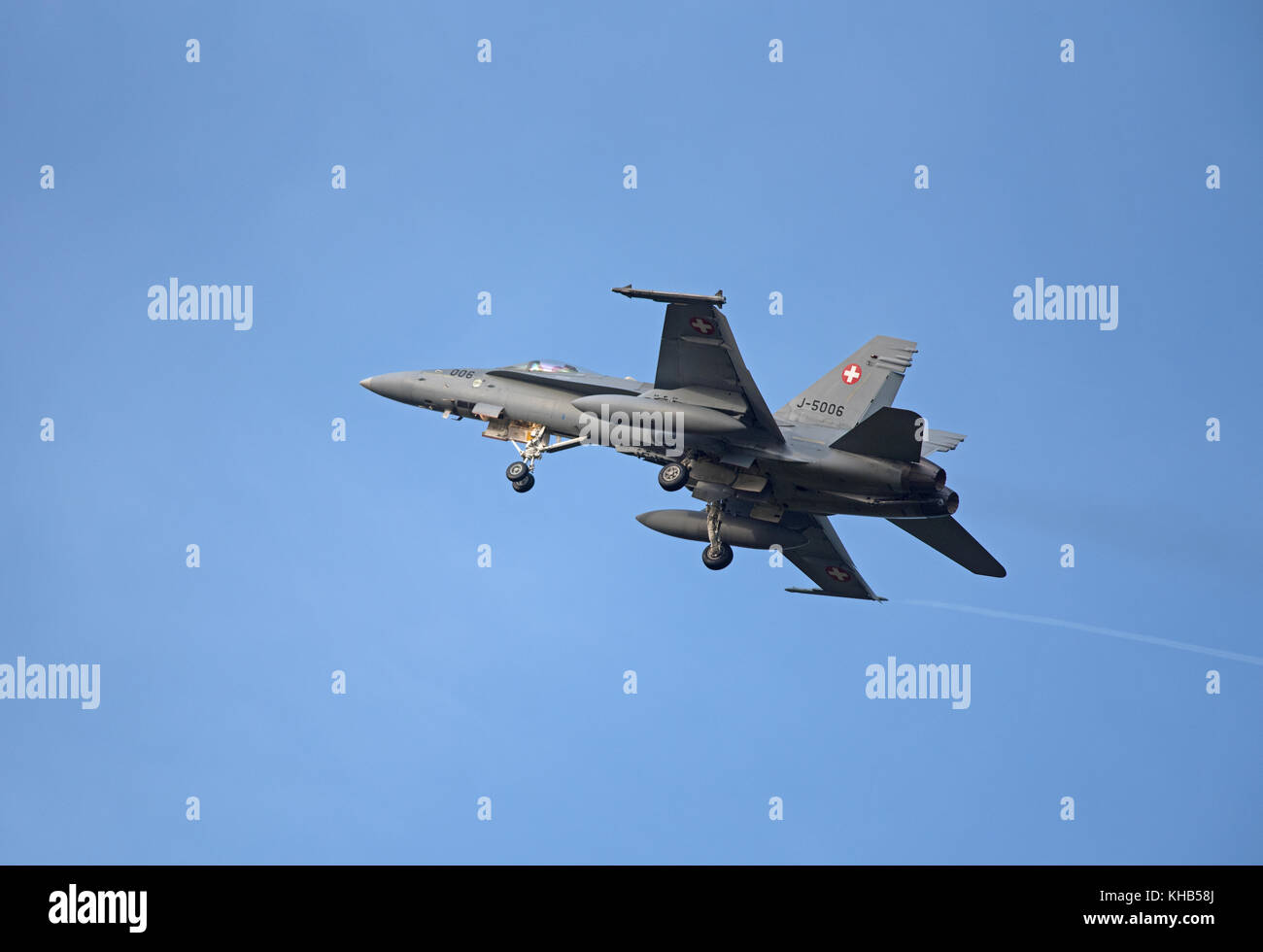 Swiss Air Force McDonnel Douglas F18C/A Hornet Fast Twin Engined Jet Fighter Aircraft.on 4 week pilot training exercise. Stock Photo