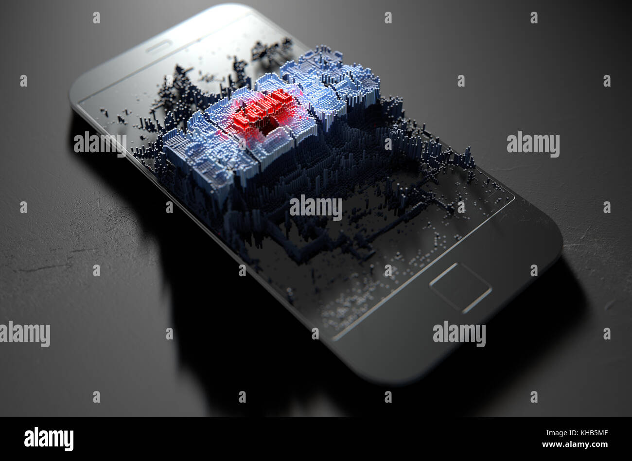 A microscopic closeup concept of small cubes in a random layout that build up to form the words fake news illuminated on a generic smartphone - 3D ren Stock Photo