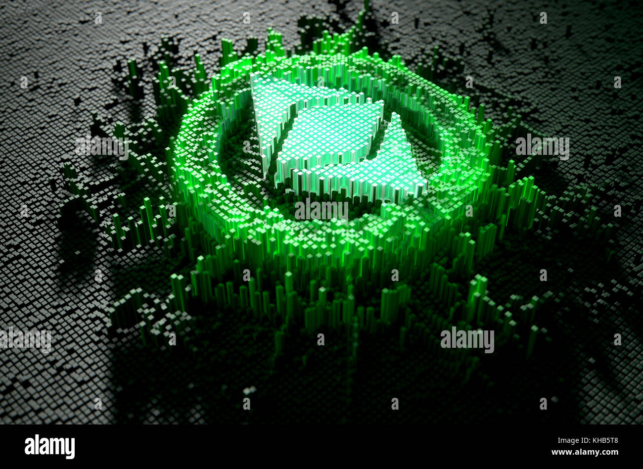 A microscopic closeup concept of small cubes in a random layout that build up to form the ethereum classic symbol illuminated - 3D render Stock Photo