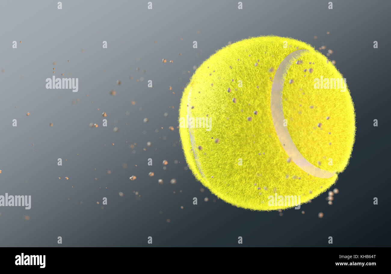 A tennis ball caught in slow motion flying through the air scattering dirt particles in its wake - 3D render Stock Photo