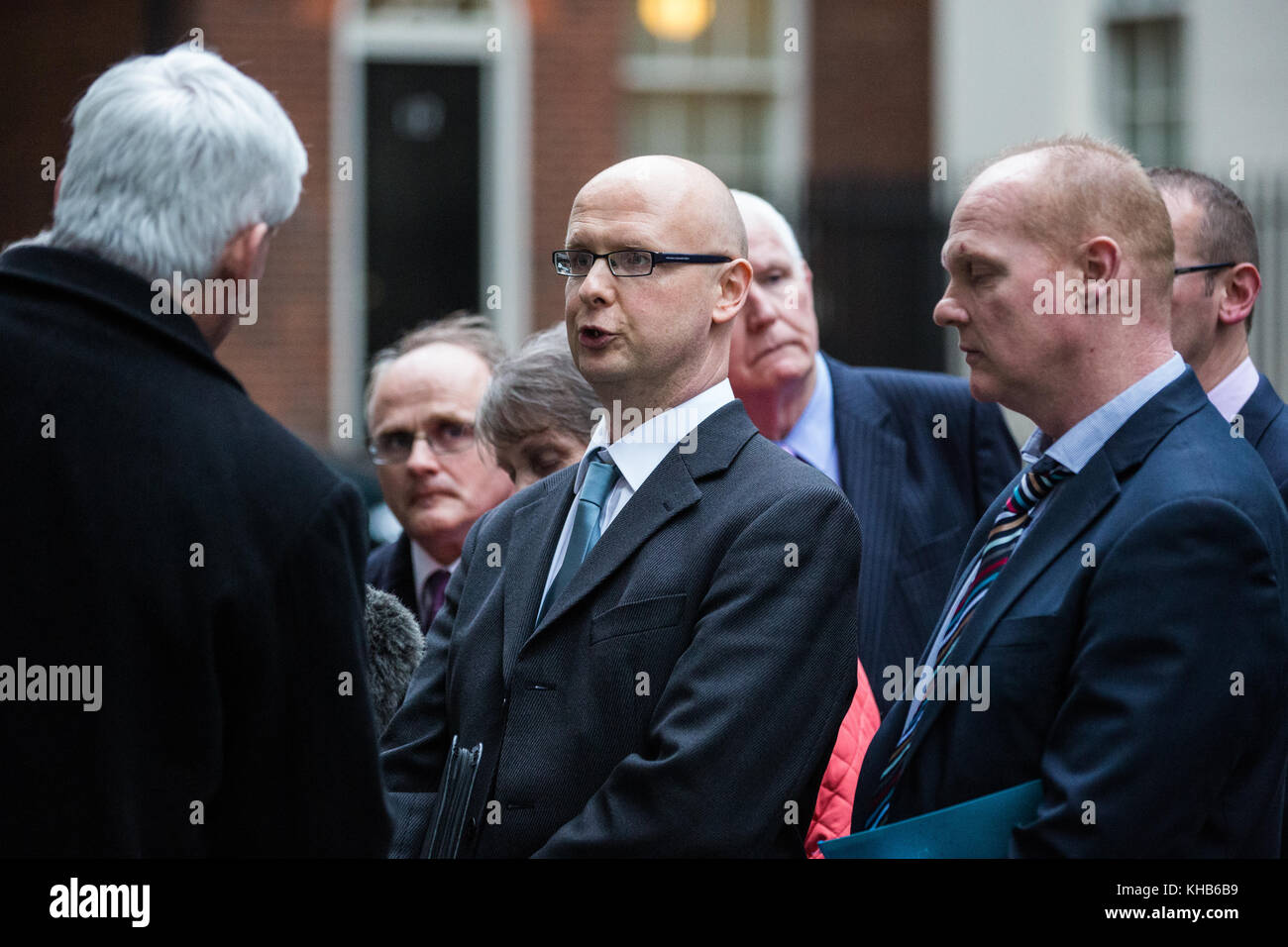 London, UK. 14th Nov, 2017. A delegation including Sinn Fein MPs Barry McElduff and Francie Molloy is interviewed by the media in Downing Street having presented a petition regarding the 1974 killing of Patsy Kelly, 33, a member of Omagh District Council, and having met James Brokenshire, Secretary of State for Northern Ireland. The Police Ombudsman is still investigating the death of the father-of-five after the original RUC investigation was heavily criticised. No one has ever been charged regarding his killing. Credit: Mark Kerrison/Alamy Live News Stock Photo