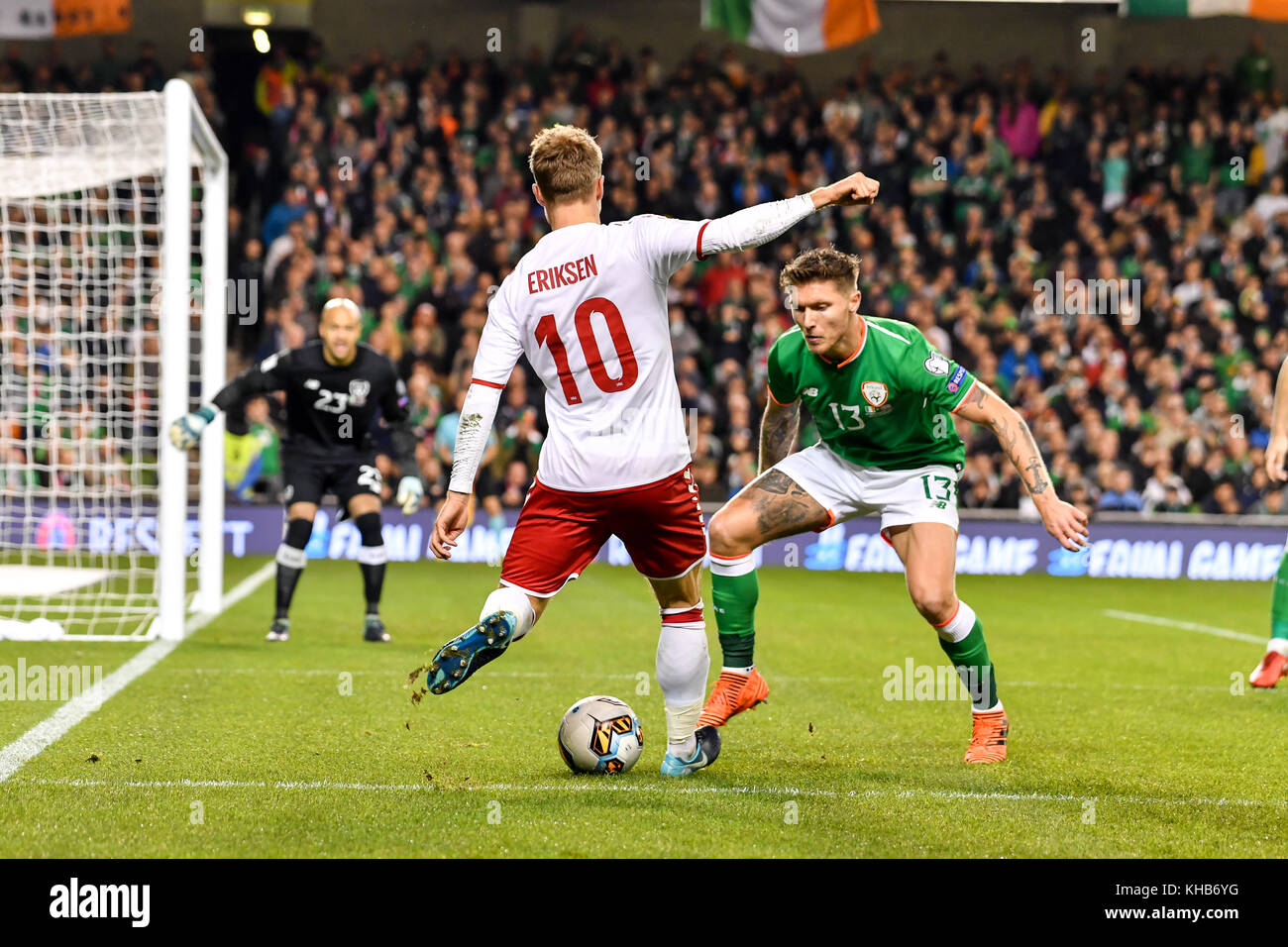 Dublin, Ireland. 14th Nov, 2017. Christian Eriksen crosses the ball during  the FIFA World Cup 2018 qualification Play off football match between  Republic of Ireland and Denmark at the Aviva Stadium in
