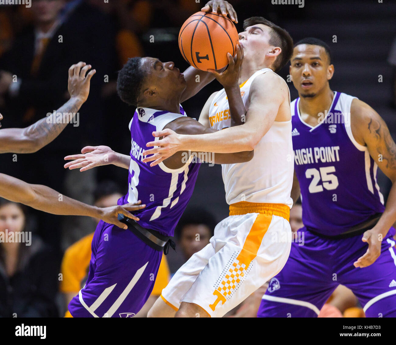 University of Tennessee, Tennessee November 14, 2017: Jamal Wright #3 of the High Point Panthers drives to the basket against John Fulkerson #10 of the Tennessee Volunteers during the NCAA basketball game between the University of Tennessee Volunteers and the High Point University Panthers at Thompson Boling Arena in Knoxville TN Tim Gangloff/CSM Stock Photo