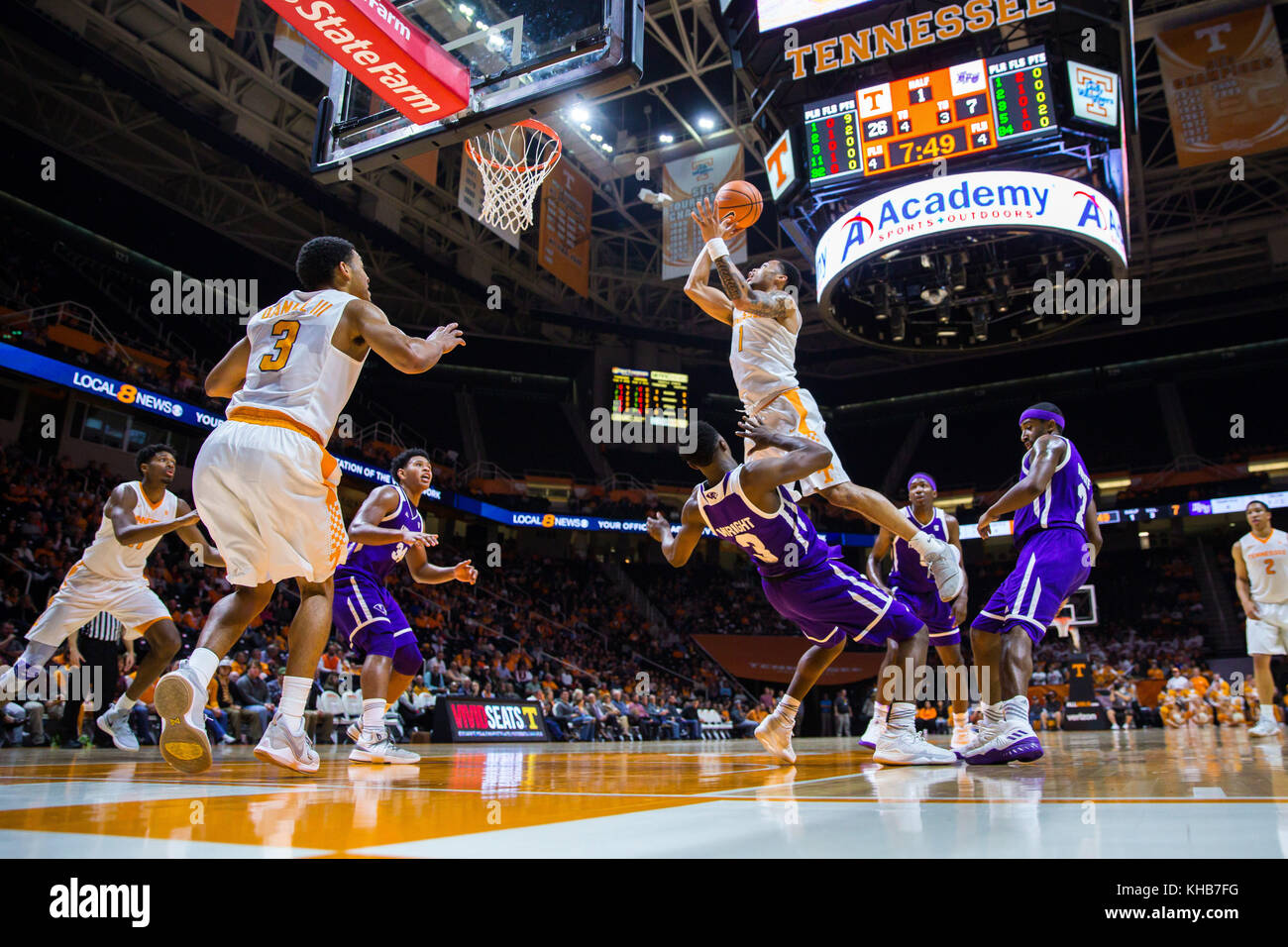 University of Tennessee, Tennessee November 14, 2017: Lamonte Turner #1 of the Tennessee Volunteers drives to the basket against Jamal Wright #3 of the High Point Panthers during the NCAA basketball game between the University of Tennessee Volunteers and the High Point University Panthers at Thompson Boling Arena in Knoxville TN Tim Gangloff/CSM Stock Photo