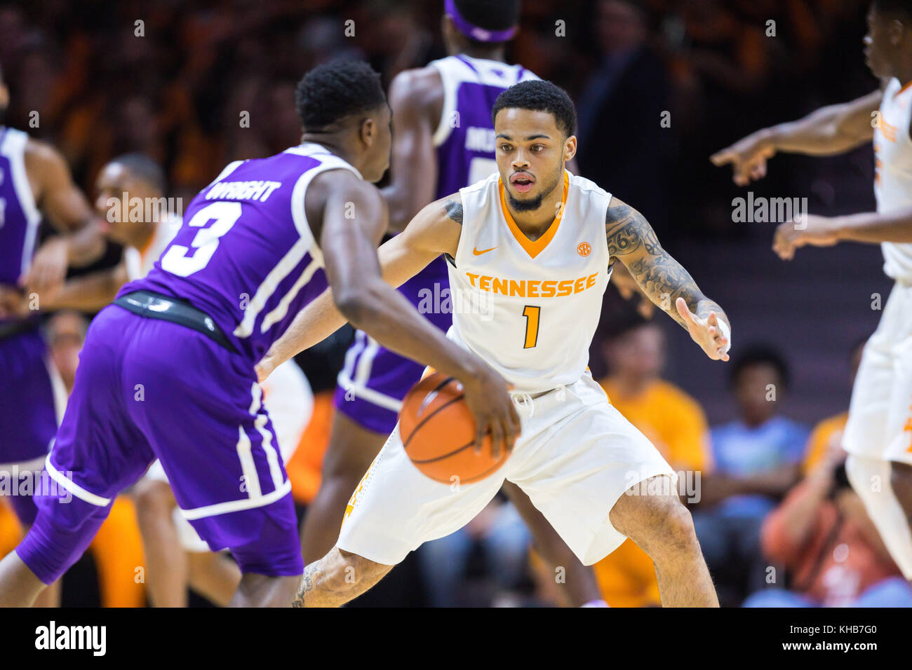 University of Tennessee, Tennessee November 14, 2017: Lamonte Turner #1 of the Tennessee Volunteers defends against Jamal Wright #3 of the High Point Panthers during the NCAA basketball game between the University of Tennessee Volunteers and the High Point University Panthers at Thompson Boling Arena in Knoxville TN Tim Gangloff/CSM Stock Photo