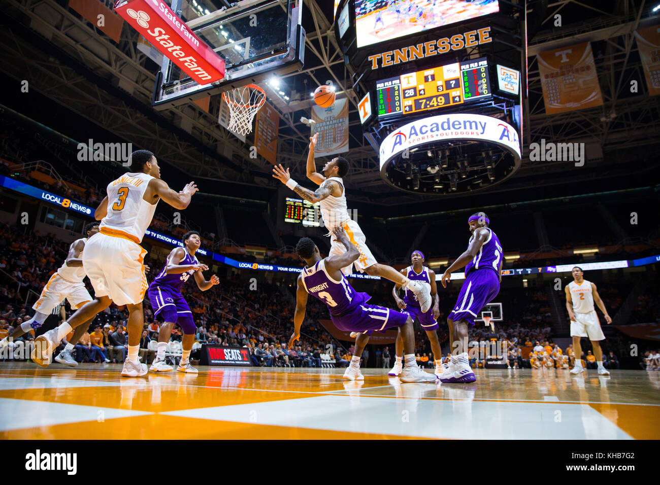 University of Tennessee, Tennessee November 14, 2017: Lamonte Turner #1 of the Tennessee Volunteers drives to the basket against Jamal Wright #3 of the High Point Panthers during the NCAA basketball game between the University of Tennessee Volunteers and the High Point University Panthers at Thompson Boling Arena in Knoxville TN Tim Gangloff/CSM Stock Photo