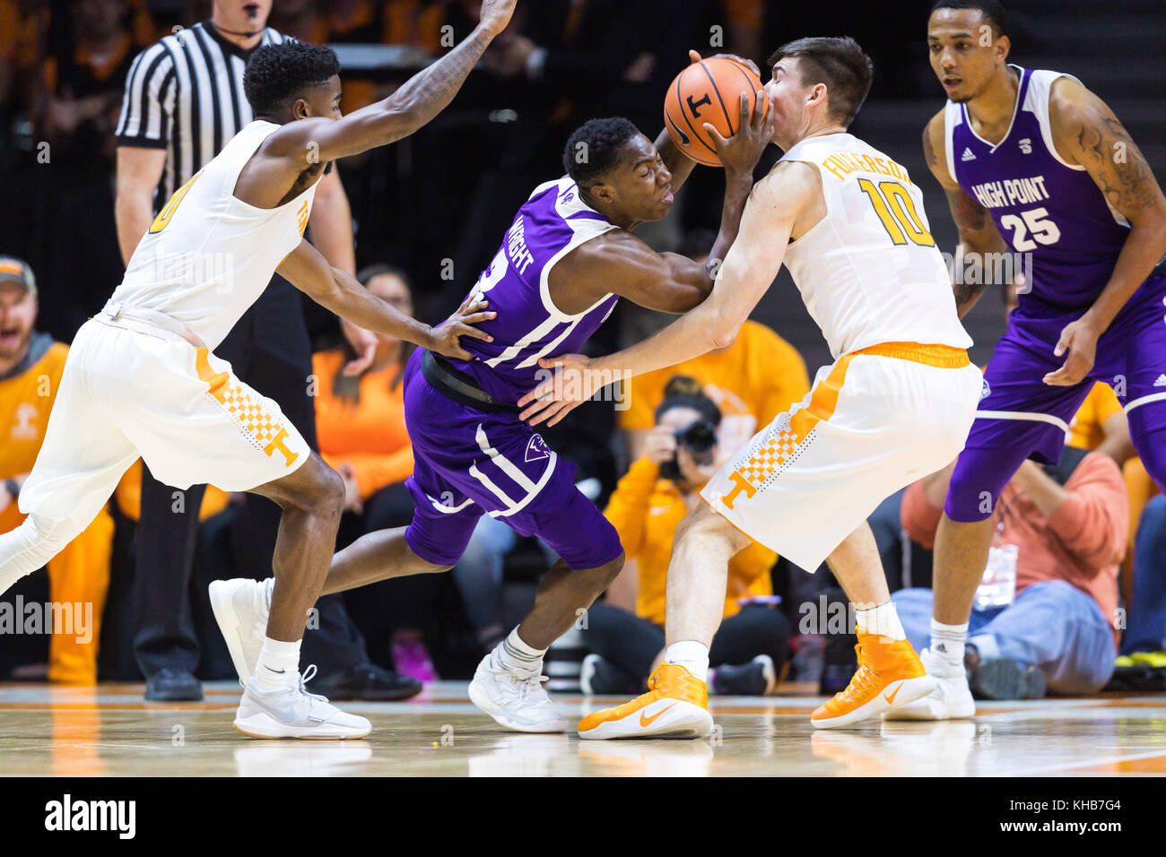 University of Tennessee, Tennessee November 14, 2017: Jamal Wright #3 of the High Point Panthers drives to the basket against John Fulkerson #10 of the Tennessee Volunteers during the NCAA basketball game between the University of Tennessee Volunteers and the High Point University Panthers at Thompson Boling Arena in Knoxville TN Tim Gangloff/CSM Stock Photo