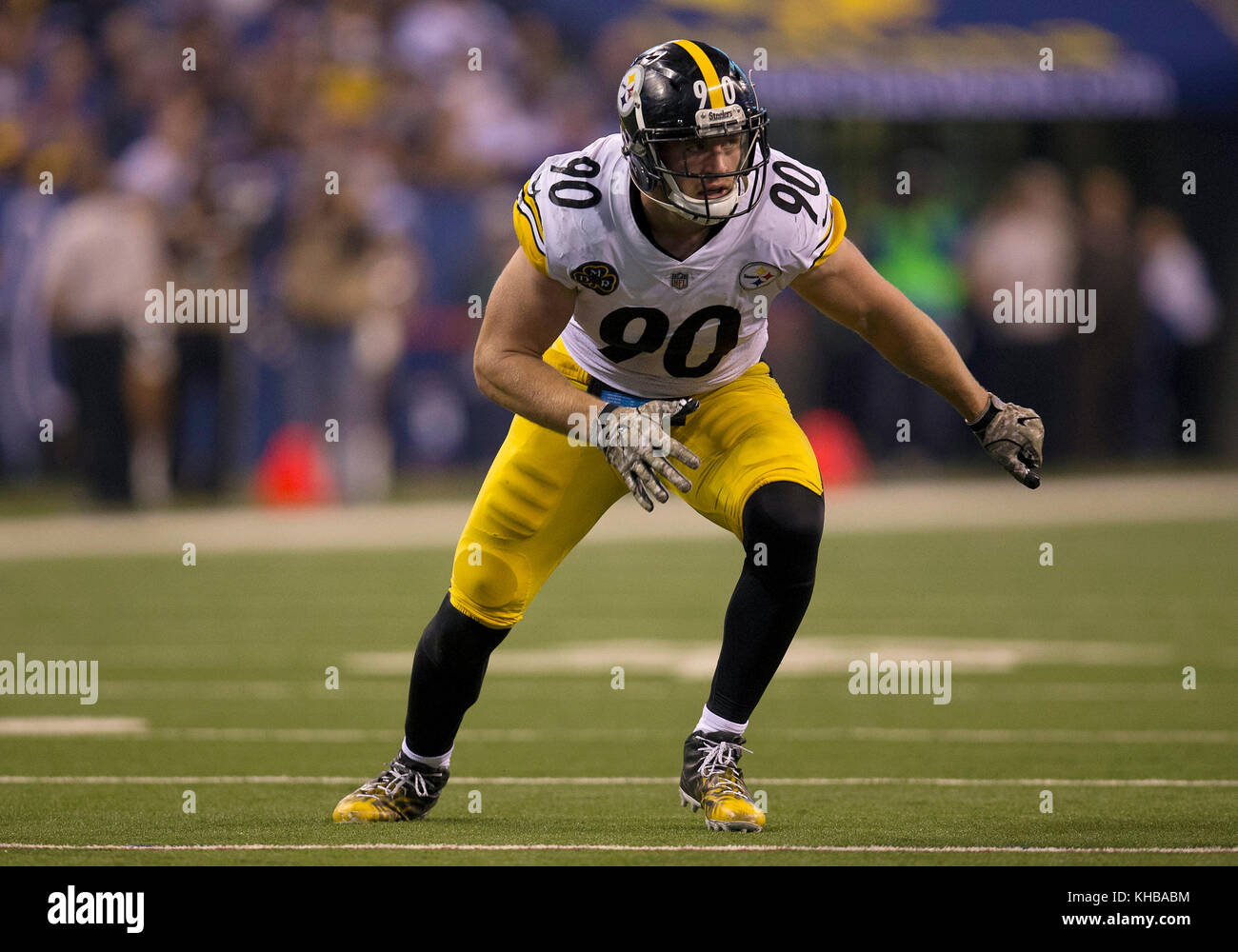 Pittsburgh Steelers outside linebacker T.J. Watt (90) intercepts a pass  fromSan Francisco 49ers quarterback Jimmy Garoppolo intended for San  Francisco 49ers running back Matt Breida (22) in the first quarter at Levi's