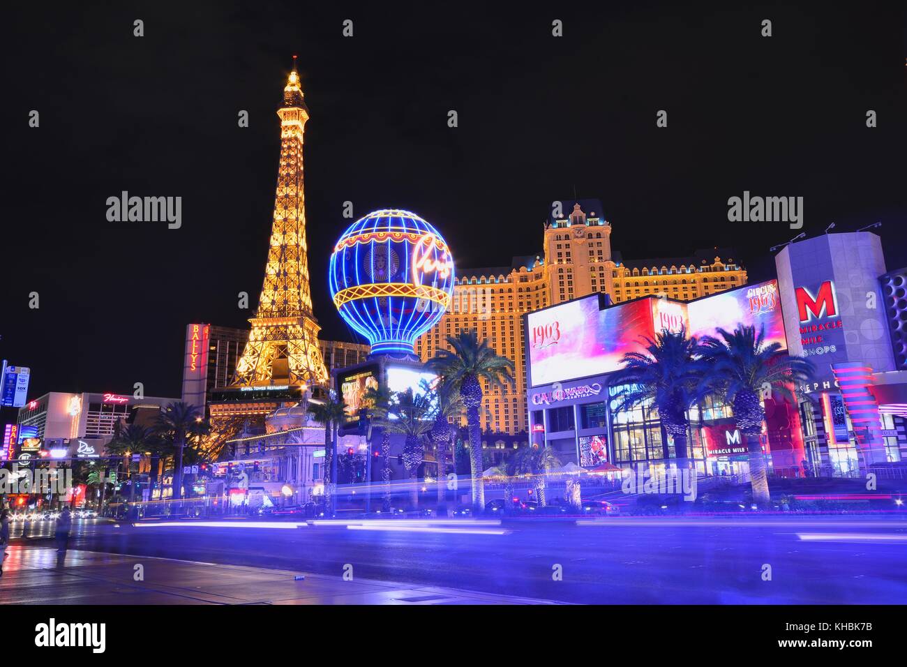 LAS VEGAS, NEVADA - JULY 25, 2017: View of the Eiffel Tower and Paris balloon of Paris Resort Casino and hotels in Las Vegas on July 25, 2017. Stock Photo