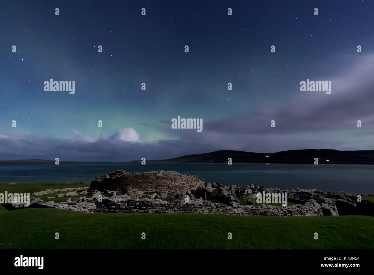 Broch of Gurness with faint aurora, Orkney Stock Photo