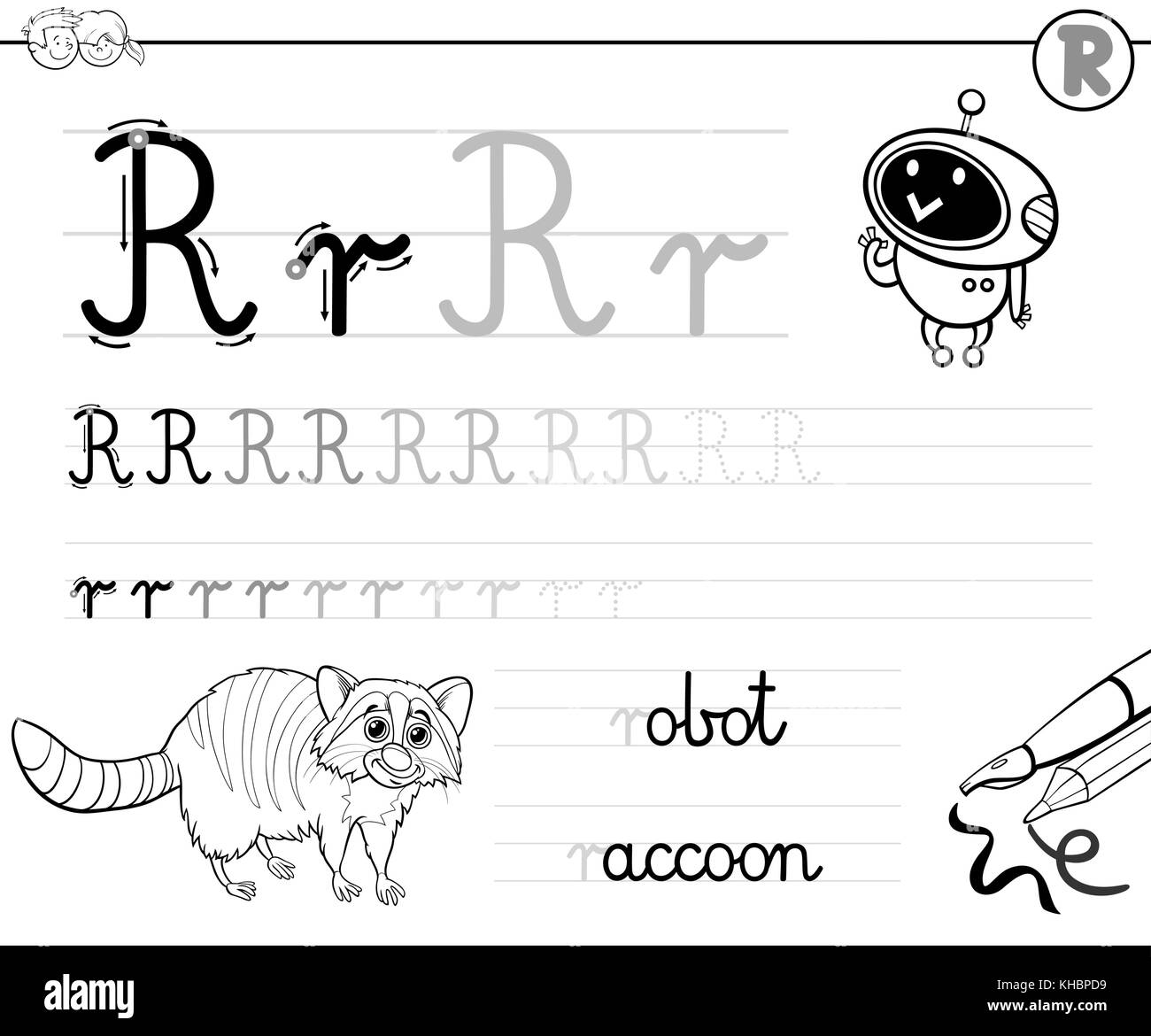 Black and White Cartoon Illustration of Writing Skills Practice with Letter R Worksheet for Preschool and Elementary Age Children Coloring Book Stock Vector