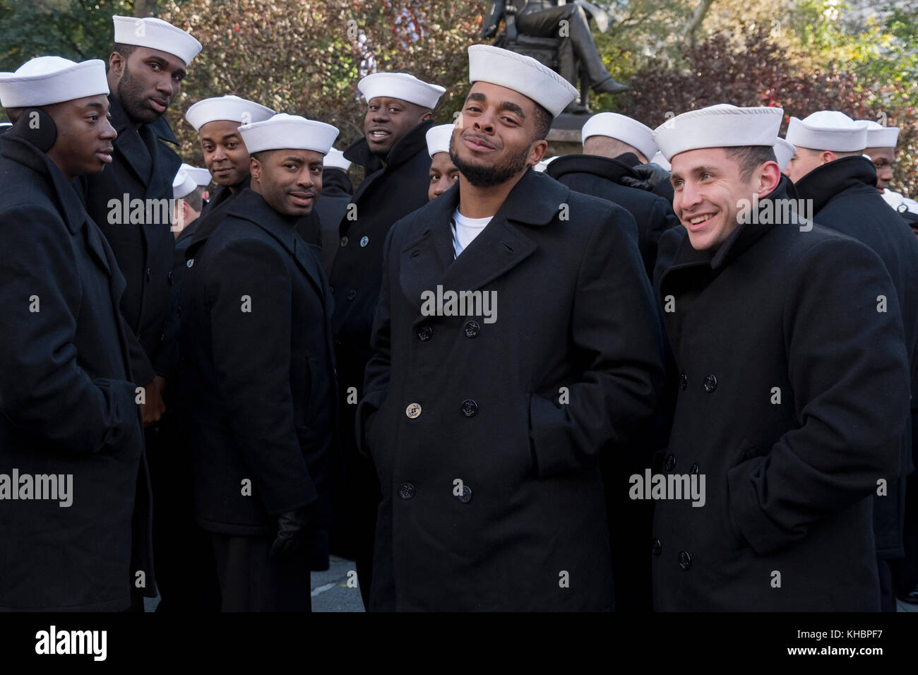 A group of Navy sailors pose for a photo just prior to the Veteran's Day Parade in New York City. Stock Photo