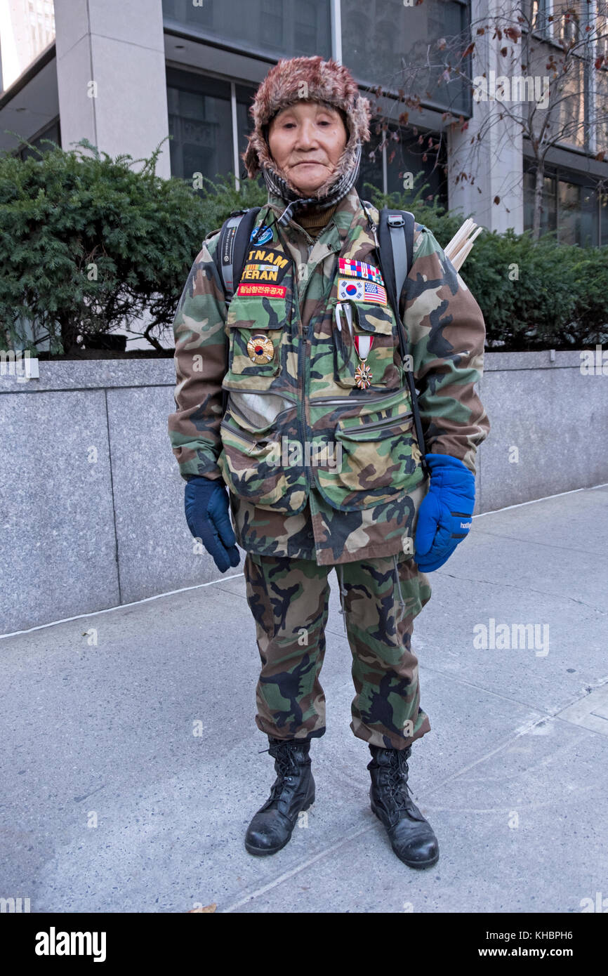 An Korean American Viet Nam war veteran posed for a portrait at the Veteran's Day Parade in New York City. Stock Photo