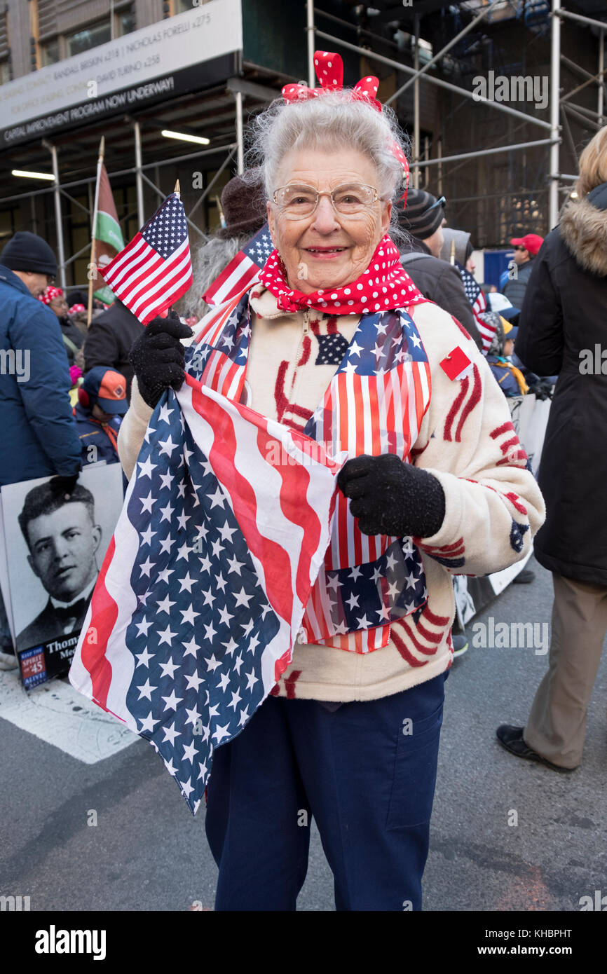 Portrait of a 92 year old woman who built war planes for Boeing during World War II. At the Veteran's Day Parade in New York City. Stock Photo