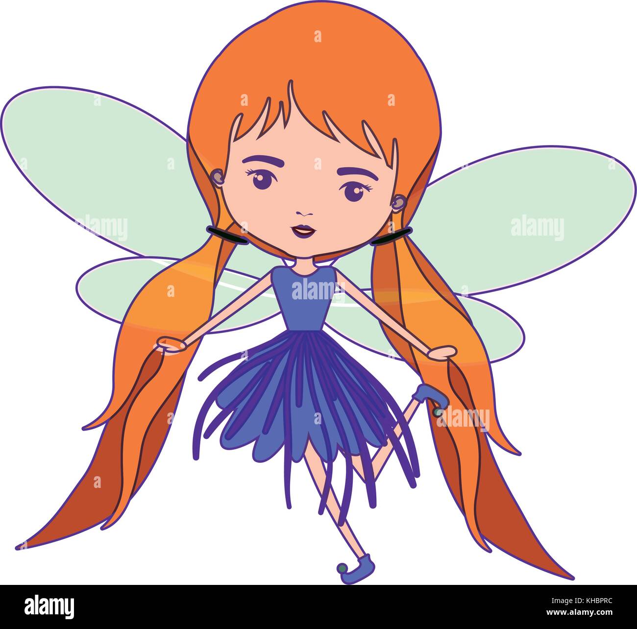 girly fairy with wings and redhead with pigtails and purple dress with purple contour Stock