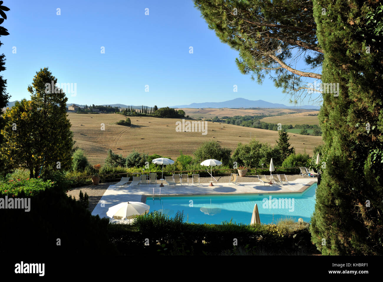 Italy, Tuscany, Crete Senesi, Trequanda, Azienda Pometti, agriturismo La Selva, swimming pool Stock Photo
