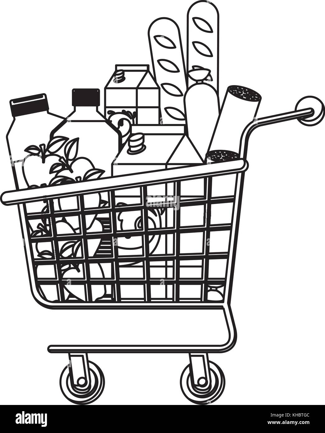 supermarket shopping cart with foods sausage and bread apples and