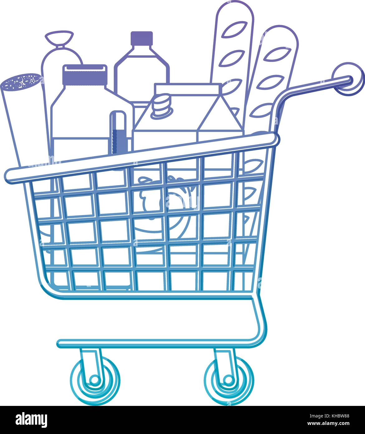 supermarket shopping cart with foods sausage bread and drinks juice and water bottle and milk carton in degraded purple to blue color contour Stock Vector